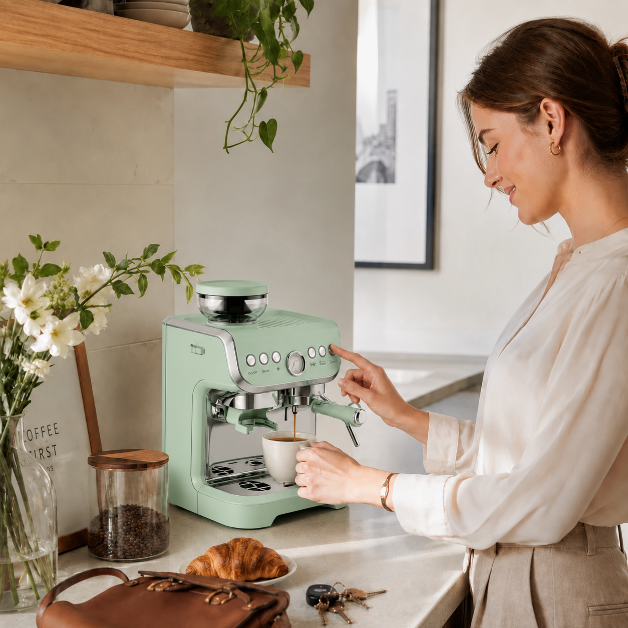 HOMCOM Bean to Cup Coffee Machine, Espresso Machine with Integrated Bean Grinder & Steam Wand, Light Green