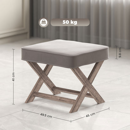 HOMCOM Vintage Footstool Padded Seat X Leg Chair Velvet Cover Shabby Chic Footrest Solid Rubber Wood Frame 49.5 x 45 x 41 cm Grey 