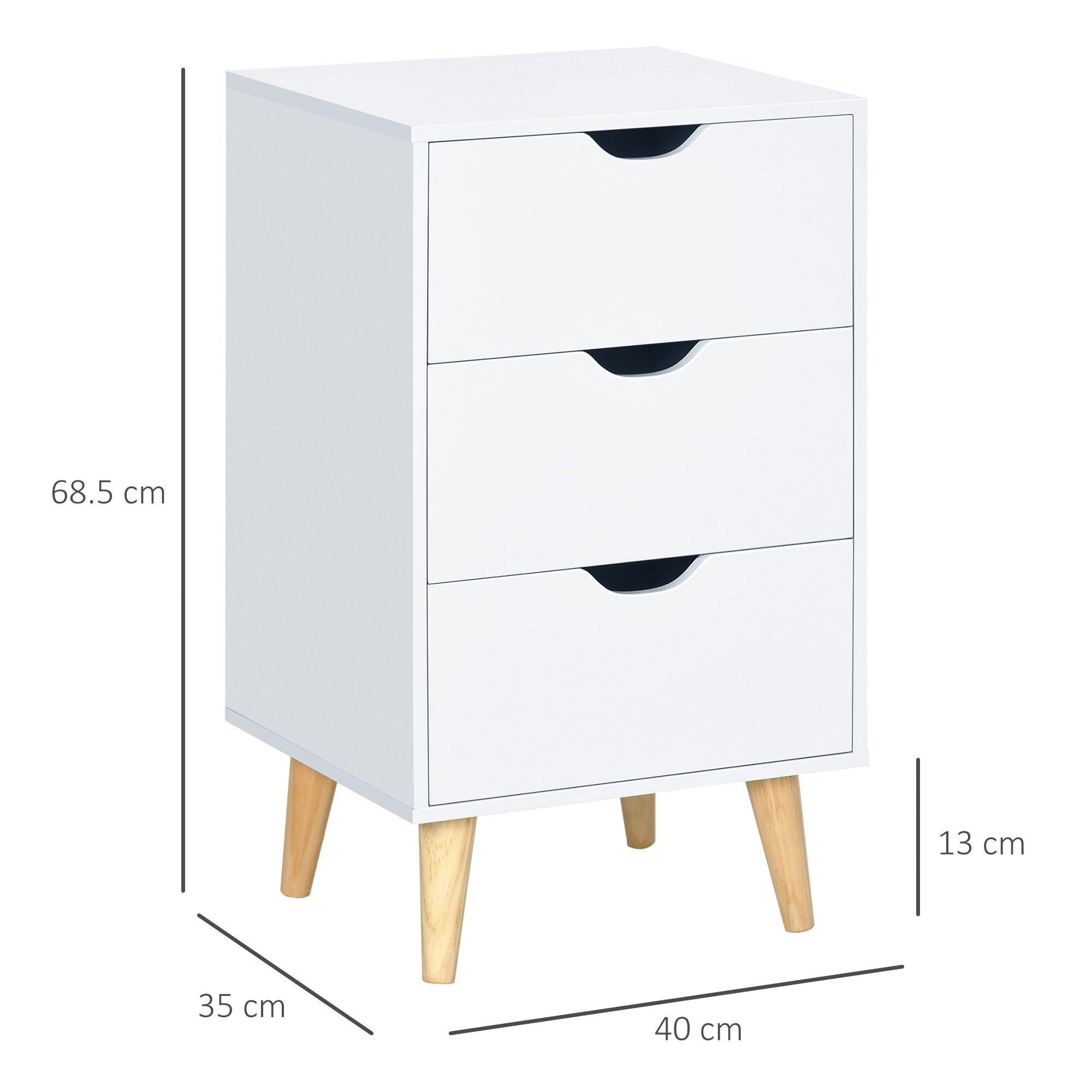 HOMCOM Bedside Table, Bedside Cabinet with 3 Drawers, Small Side Table with Wood Legs and Cut-out Handles for Bedroom, Cream White 