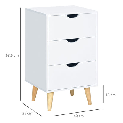 HOMCOM Bedside Table, Bedside Cabinet with 3 Drawers, Small Side Table with Wood Legs and Cut-out Handles for Bedroom, Cream White 