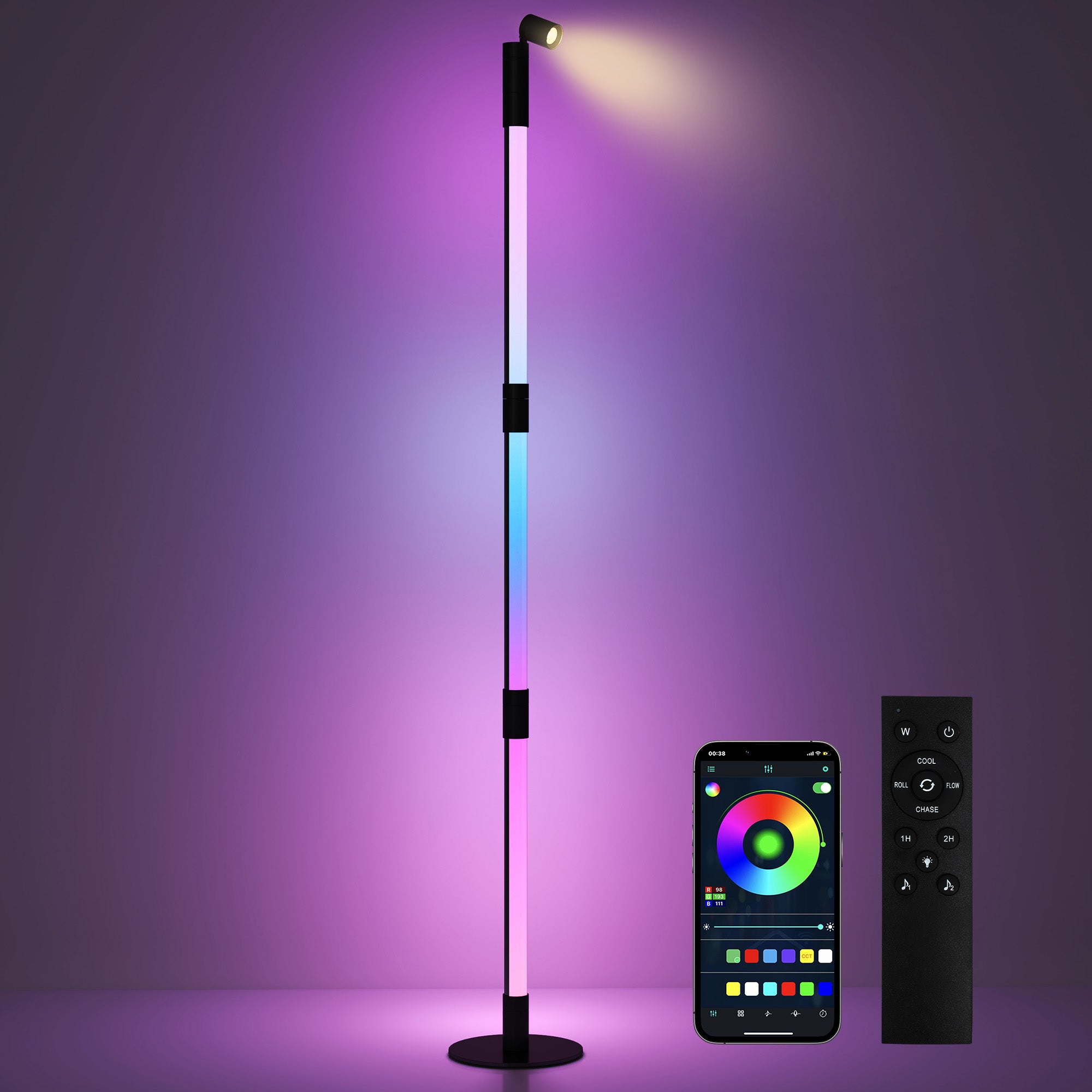 HOMCOM LED Floor Lamp with Reading Light, 360\'c2\'b0 RGB Detachable Corner Floor Lamp with App & Remote Control, Standing Lamp with Music Sync & Timing, for Living Room, Game Room, Dark Grey
