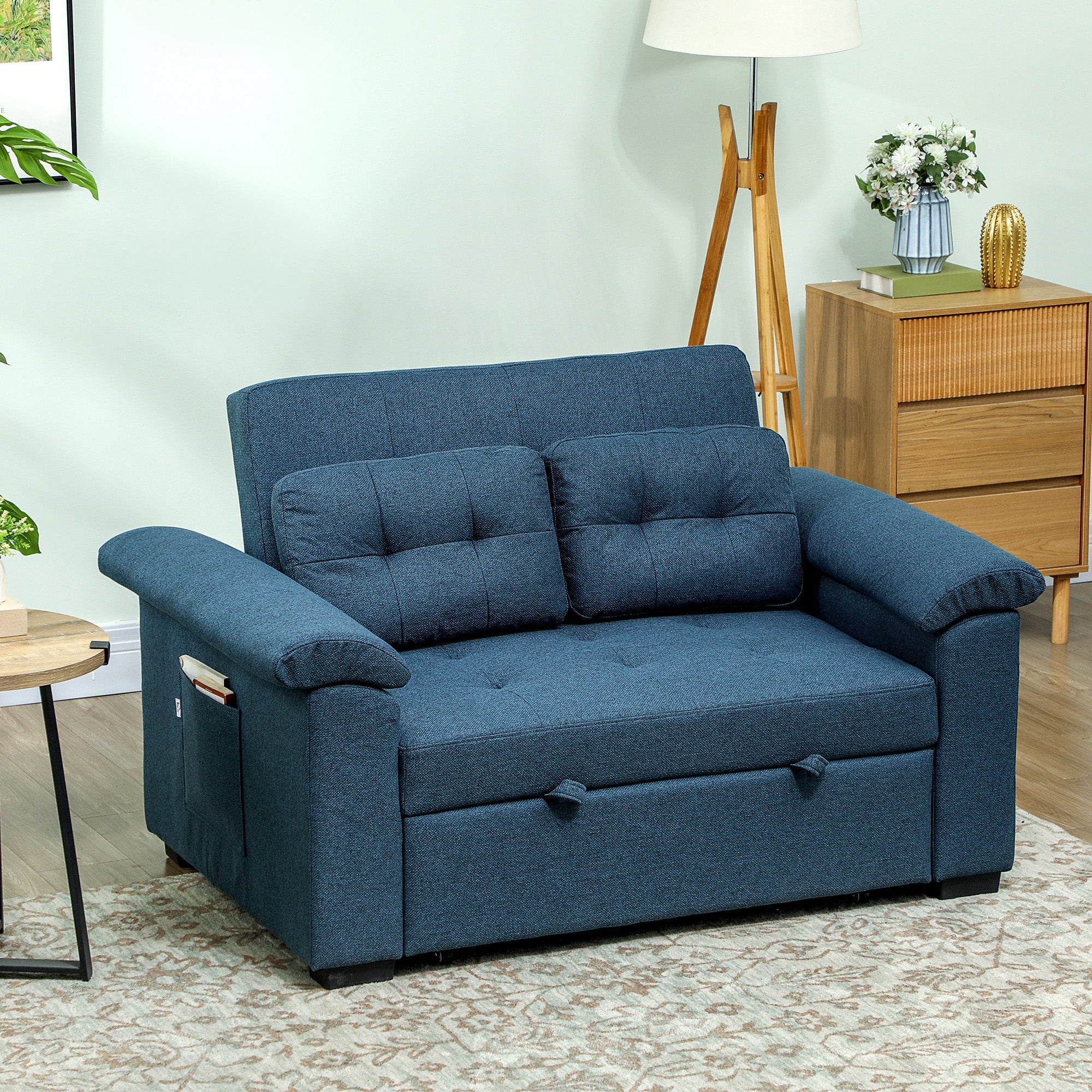 HOMCOM Pull Out Sofa Bed with 2 Pocket Springs, Fabric 2 Seater Click Clack Sofa Bed Settee, Convertible Sofa Couch with Pillows and Side Pockets for Living Room, Home Office, Blue 