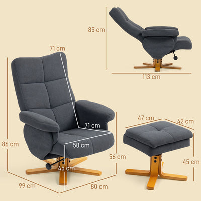 HOMCOM Linen-Look Recliner, with Storage Ottoman - Grey 