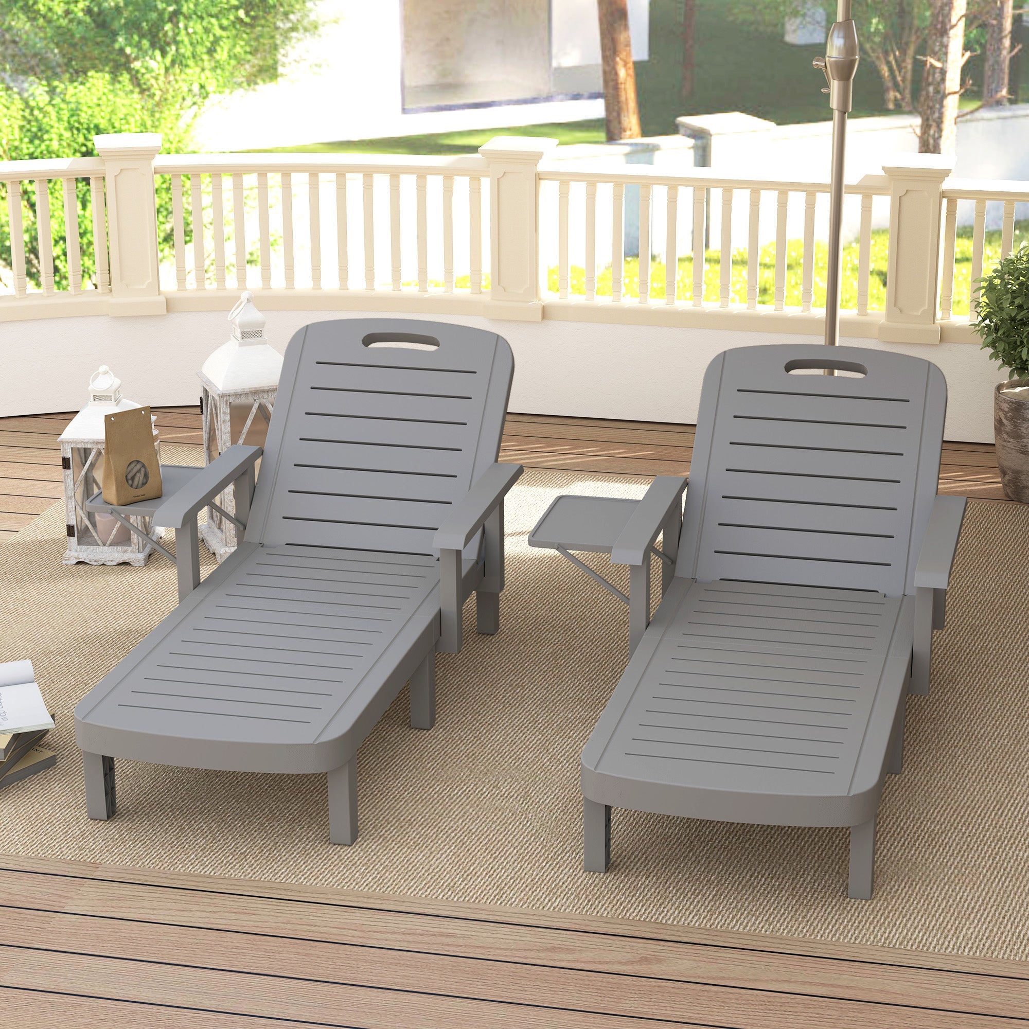 Outsunny Set of 2 Resin Reclining Sun Loungers for Garden, 5 Positions Adjustable Outdoor Chaise Lounge Chairs with Wood Texture Surface, Armrests, Foldable Side Table for Garden, Beach, Dark Grey 