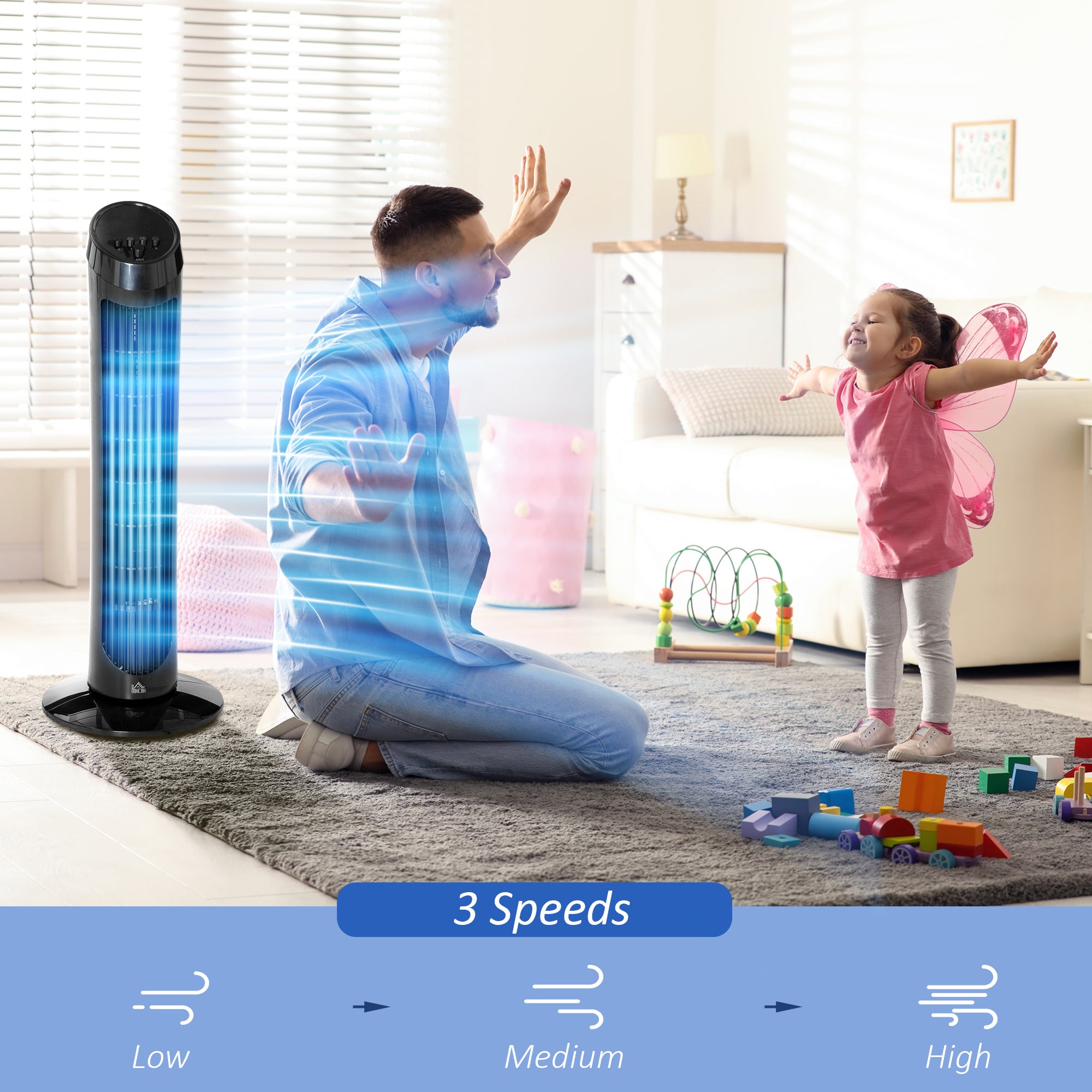 HOMCOM Tower Fan for Bedroom Cooling, 30 Inch Electric 70° Oscillating Fan with 3 Speed Settings, Standing Floor Fan for Home Office Indoor, Black 