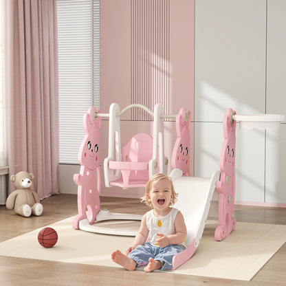 AIYAPLAY 4 in 1 Kids Slide and Swing Set with Climber, Basketball Hoop, Rabbit-Themed, Pink 