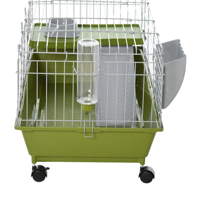 PawHut Small Animal Cage Rabbit Guinea Pigs Chinchillas Cage w/ Wheels Water Bottle Food Dish Platform Ramp 89 x 44 x 43 cm Green 