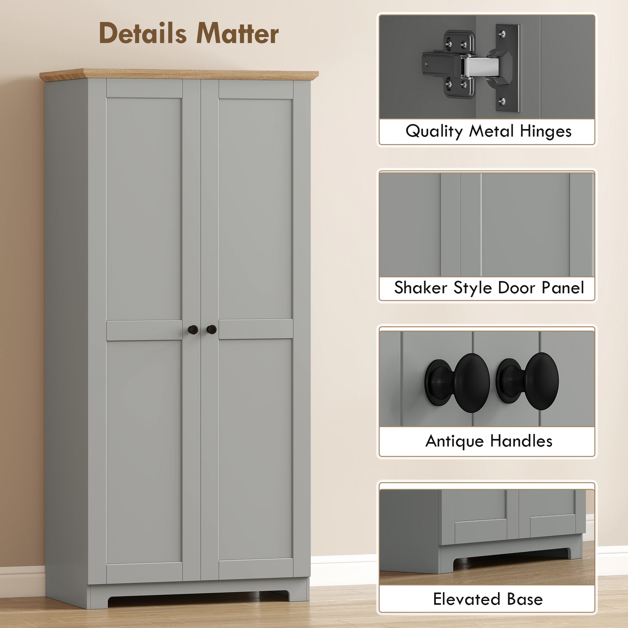 HOMCOM Kitchen Cupboard, 172cm Freestanding Storage Cabinet with Doors and Shelves, Grey 