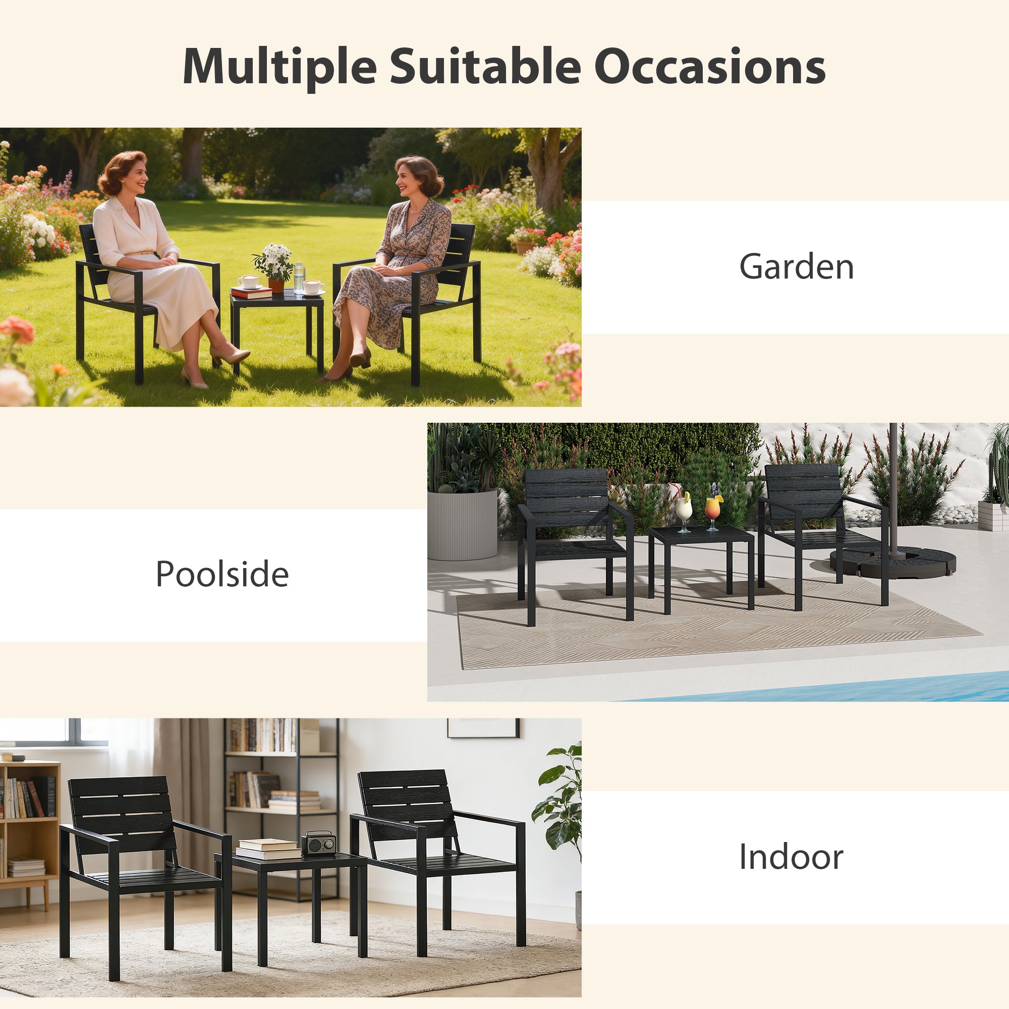 Outsunny 3 Pieces Garden Bistro Set for 2, Outdoor Bistro Table and Chairs with Metal Frame, Plastic Patio Furniture Set 