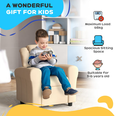 HOMCOM Kids Recliner Chair, PU Leather with Adjustable Backrest, Footrest, Padded Headrest, Beige 