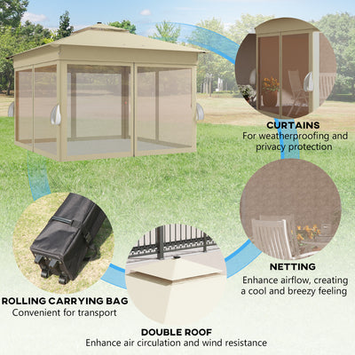 Outsunny 3 x 3(m) Pop Up Gazebo Party Tent with Solar-Powered LED Lights, Adjustable Event Shelter with Netting, Khaki 