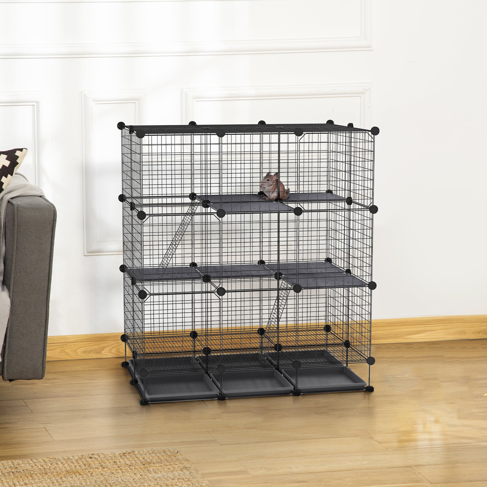 PawHut 3 Level DIY Pet Playpen Metal Small Animal Cage Rabbit Ferret Chinchillas Cage 4 Doors Bottom Trays Black 