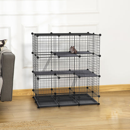 PawHut 3 Level DIY Pet Playpen Metal Small Animal Cage Rabbit Ferret Chinchillas Cage 4 Doors Bottom Trays Black 