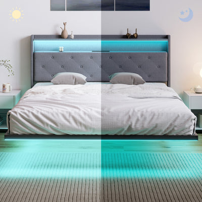 HOMCOM Floating Bed Frame, Upholstered 5ft King Size Bed, Platform Bed with RGB LED Lights and Charging Station, Grey 