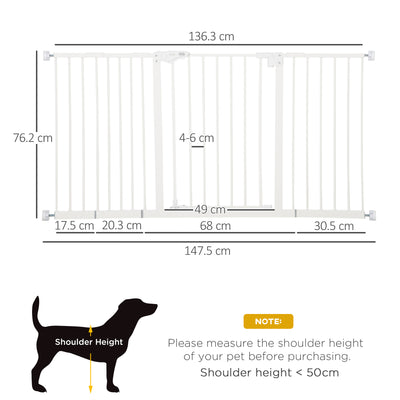 PawHut Dog Gate Stair Gate Pressure Fit Pets Barrier Auto Close for Doorway Hallway, 74-148cm Wide Adjustable, White 