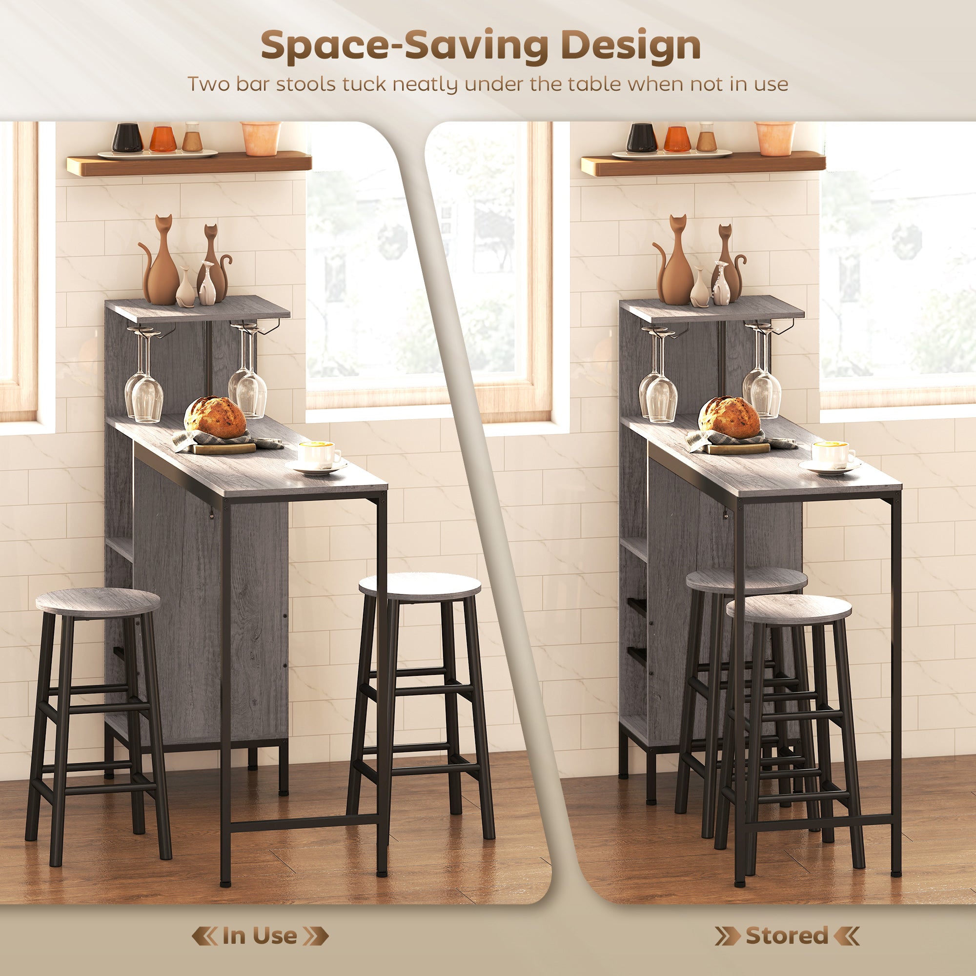 HOMCOM 3 Pieces Dining Room Set, 2 Round Stools with Footrest, 6-Tier Dining Table with Storage Shelves, Natural 