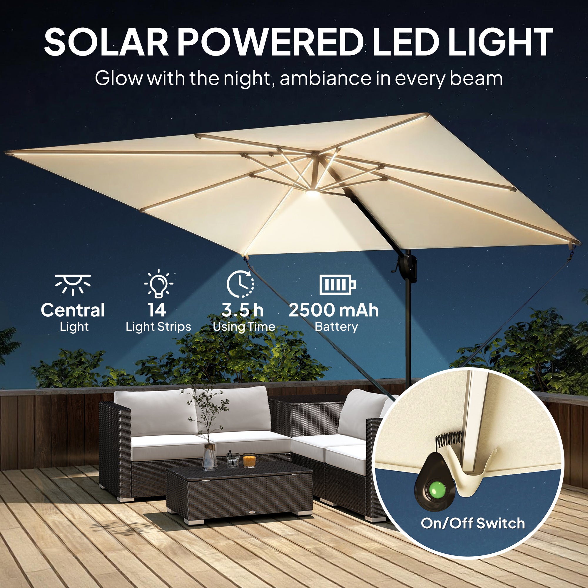 Outsunny 3 x 3 m Garden Cantilever Parasol w/ Light, Cover, UPF50+ Patio Umbrella w/ Wind Protection, 360° Rotation, Cream White 