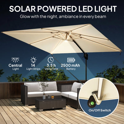 Outsunny 3 x 3 m Garden Cantilever Parasol w/ Light, Cover, UPF50+ Patio Umbrella w/ Wind Protection, 360° Rotation, Cream White 