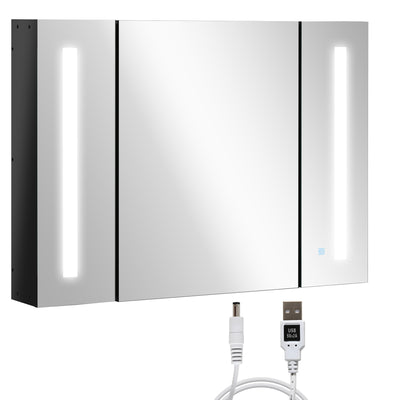 kleankin LED Bathroom Cabinet with Mirror, Wall Mounted Dimmable Brightness Storage Organiser with 3 Mirrored Doors and Adjustable Shelves, Memory Function, USB Charge, High Gloss Black 