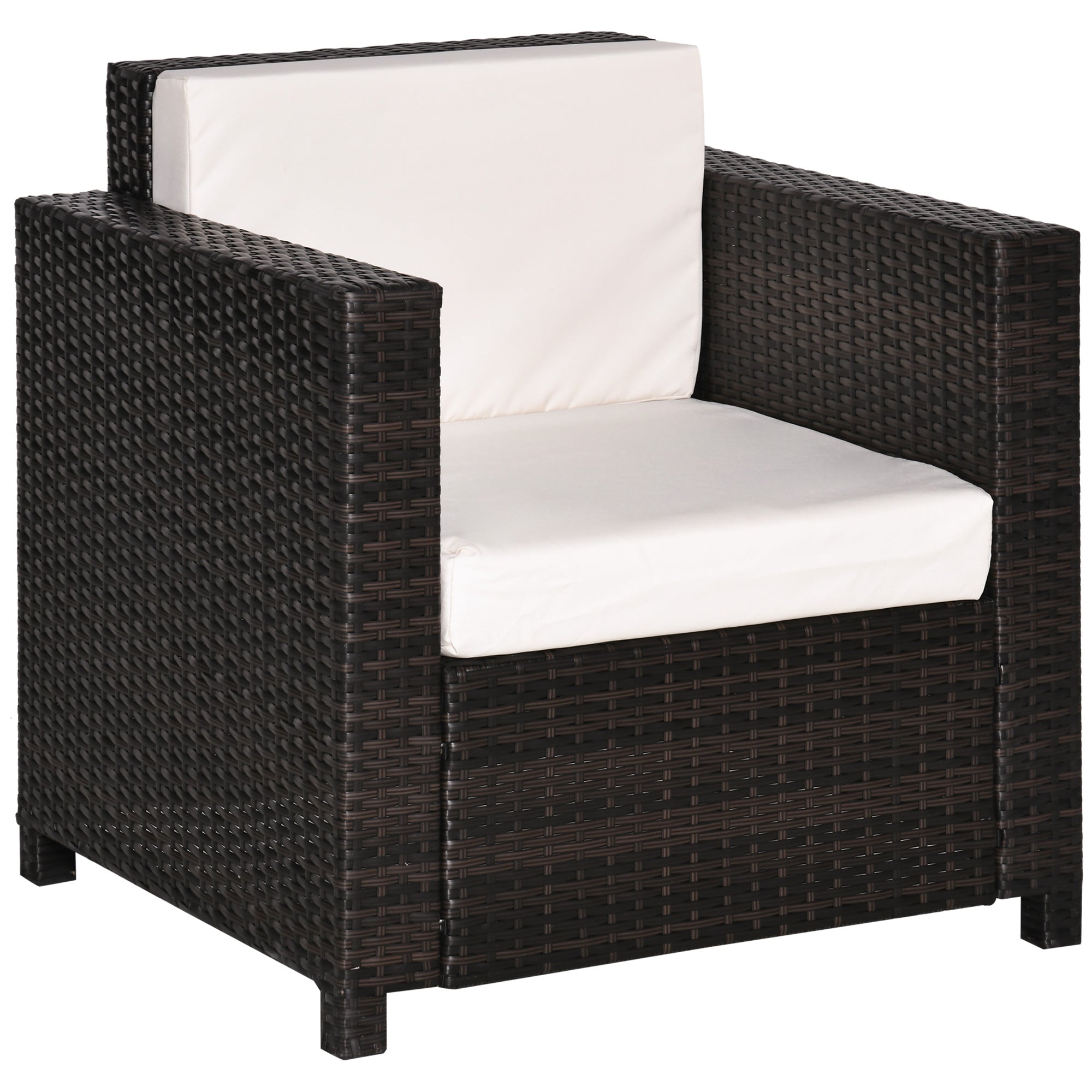 Outsunny Single Seater Rattan Chair, PE Wicker Garden Armchair with 10 cm Thickened Cushion, All-Weather Rattan Garden Chair with Armrests, Brown 