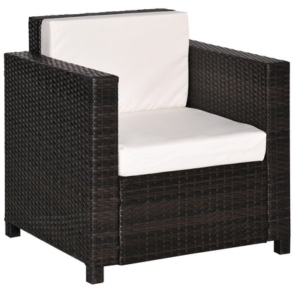 Outsunny Single Seater Rattan Chair, PE Wicker Garden Armchair with 10 cm Thickened Cushion, All-Weather Rattan Garden Chair with Armrests, Brown 