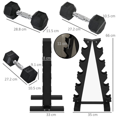 SPORTNOW 5-Tier Dumbbell Rack with 6 Hexagonal Rubber Dumbbells (2x4kg, 2x5kg, 2x6kg), Dumbbell Storage Stand Holder with Weights Sets for Home Gym Fitness, Black 