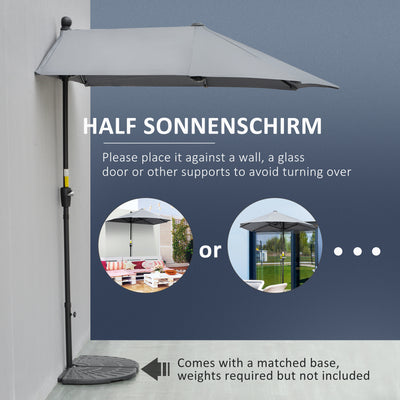 Outsunny 2m Half Parasol Market Umbrella Garden Balcony Parasol with Crank Handle, Base, Double-Sided Canopy, Dark Grey 