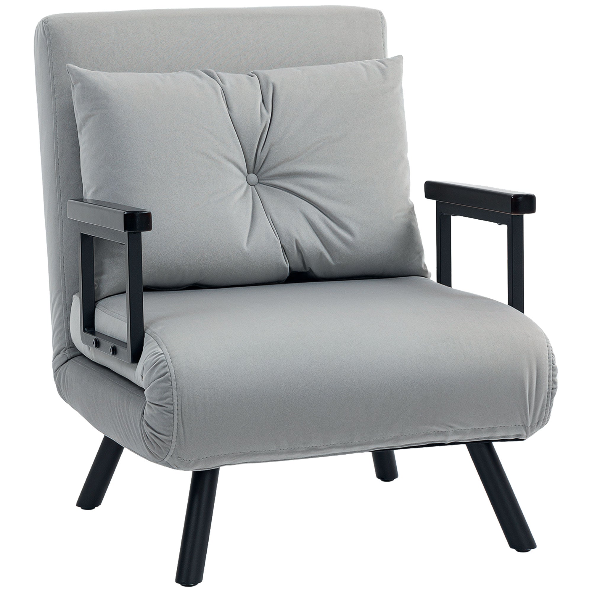 HOMCOM 4-in-1 Velvet-Feel Single Chair Bed, with Pillow - Light Grey 