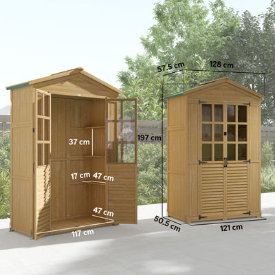 Outsunny Outdoor Wooden Storage Cabinet, Garden Tool Shed with Acrylic Windows for Patio, Light Brown 