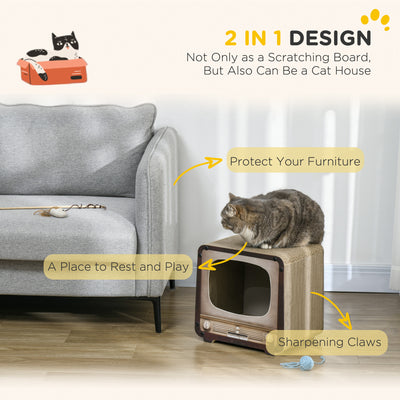PawHut 2 in 1 TV Shape Cat Scratching Board House with Catnip, for Indoor Cats, Brown 