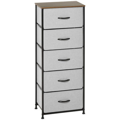 HOMCOM Fabric Chest of Drawers, Storage Drawers, Industrial Bedroom Dresser with 5 Fabric Drawers, Steel Frame and Wooden Top for Nursery, Living Room, Hallway, Grey 