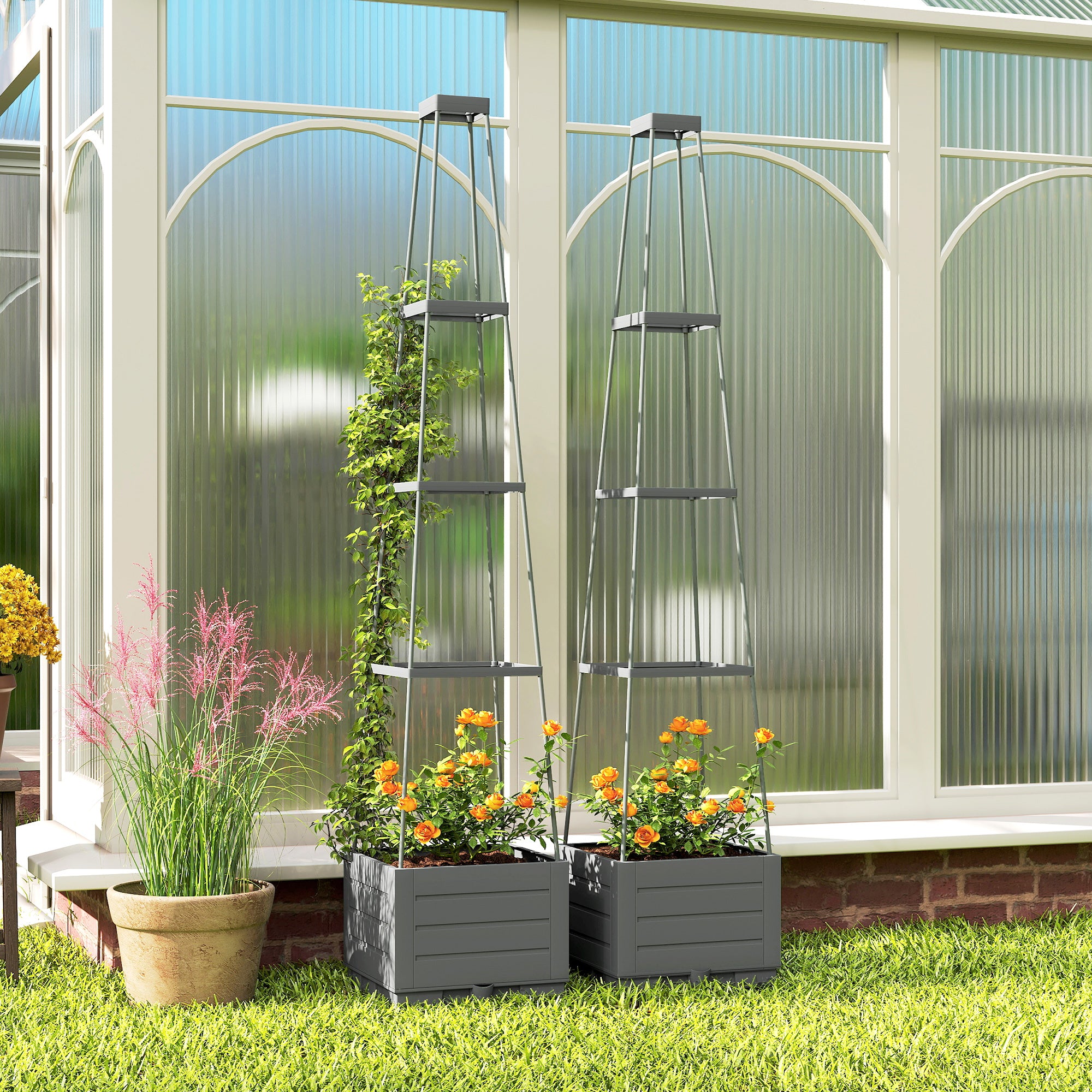 Outsunny 2 Pack Raised Garden Bed with Trellis, Plastic Outdoor Planter Box with Removable Drainage Tray 