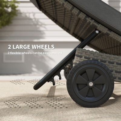 Outsunny Patio Wicker Chaise Lounge Chair, Outdoor PE Rattan Sun Lounger with Adjustable Backrest and 2 Wheels, Dark Grey 