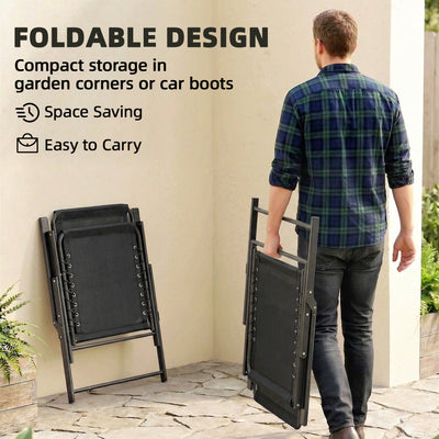 Outsunny Folding Garden Chairs Set of 2, Outdoor Dining Chairs with Wide Texteline Seat, High Back and Armrests, Black 