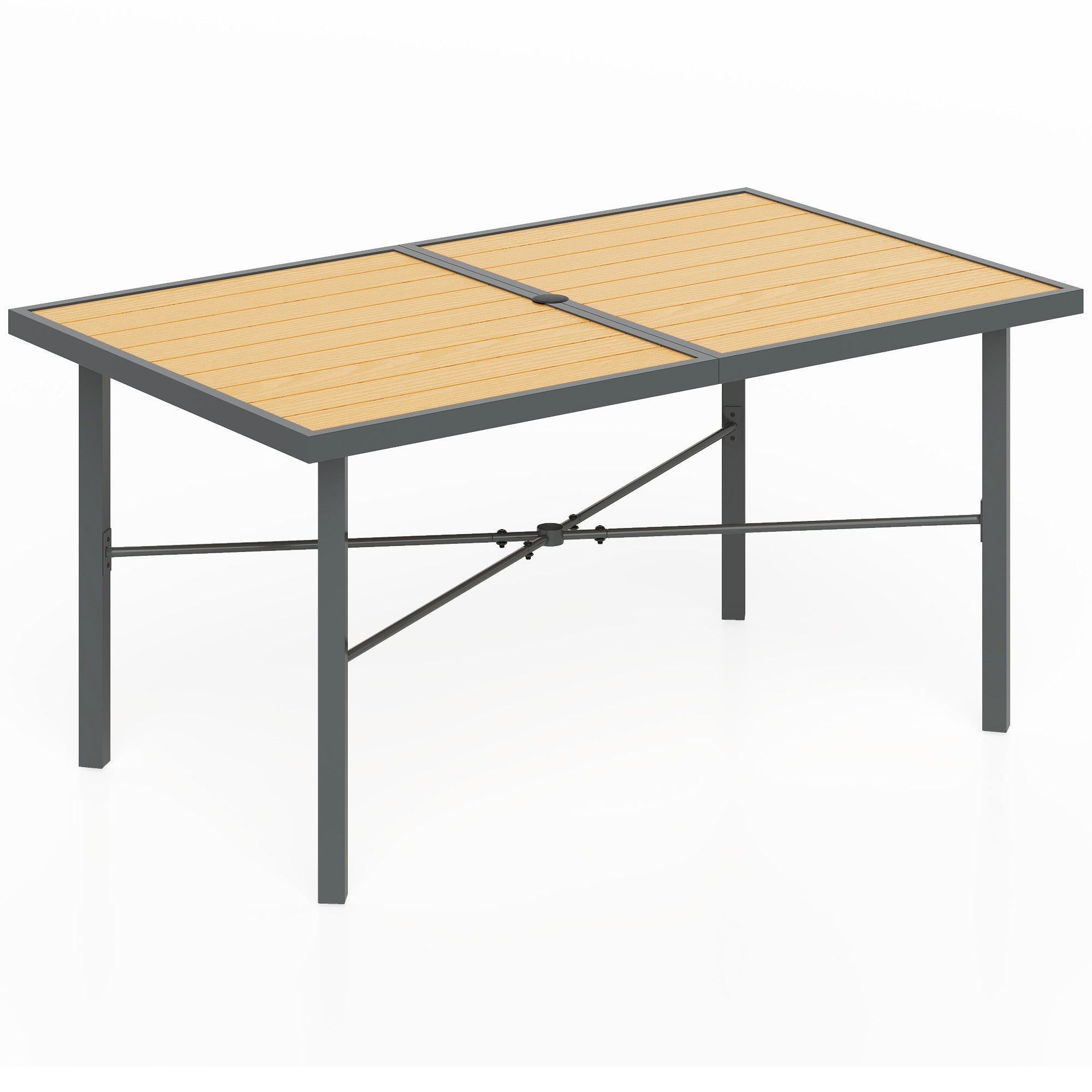 Outsunny Garden Table for 6, Outdoor Dining Table with 5cm Umbrella Hole, Wood Effect Top, Rust Resistant Frame, for Patio, Balcony, Terrace, 150 x 90 cm 