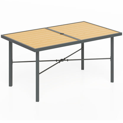 Outsunny Garden Table for 6, Outdoor Dining Table with 5cm Umbrella Hole, Wood Effect Top, Rust Resistant Frame, for Patio, Balcony, Terrace, 150 x 90 cm 