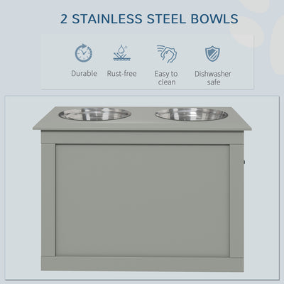 PawHut Raised Dog Bowls, with Storage, Two Stainless Steel Bowls, Elevated Base - Grey 