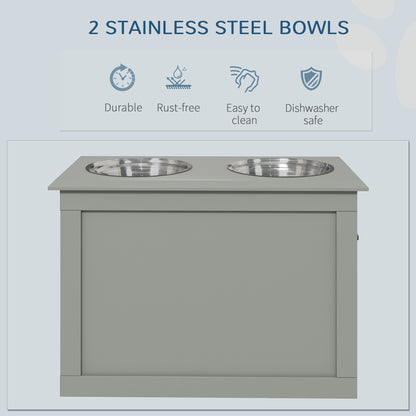PawHut Raised Dog Bowls, with Storage, Two Stainless Steel Bowls, Elevated Base - Grey 