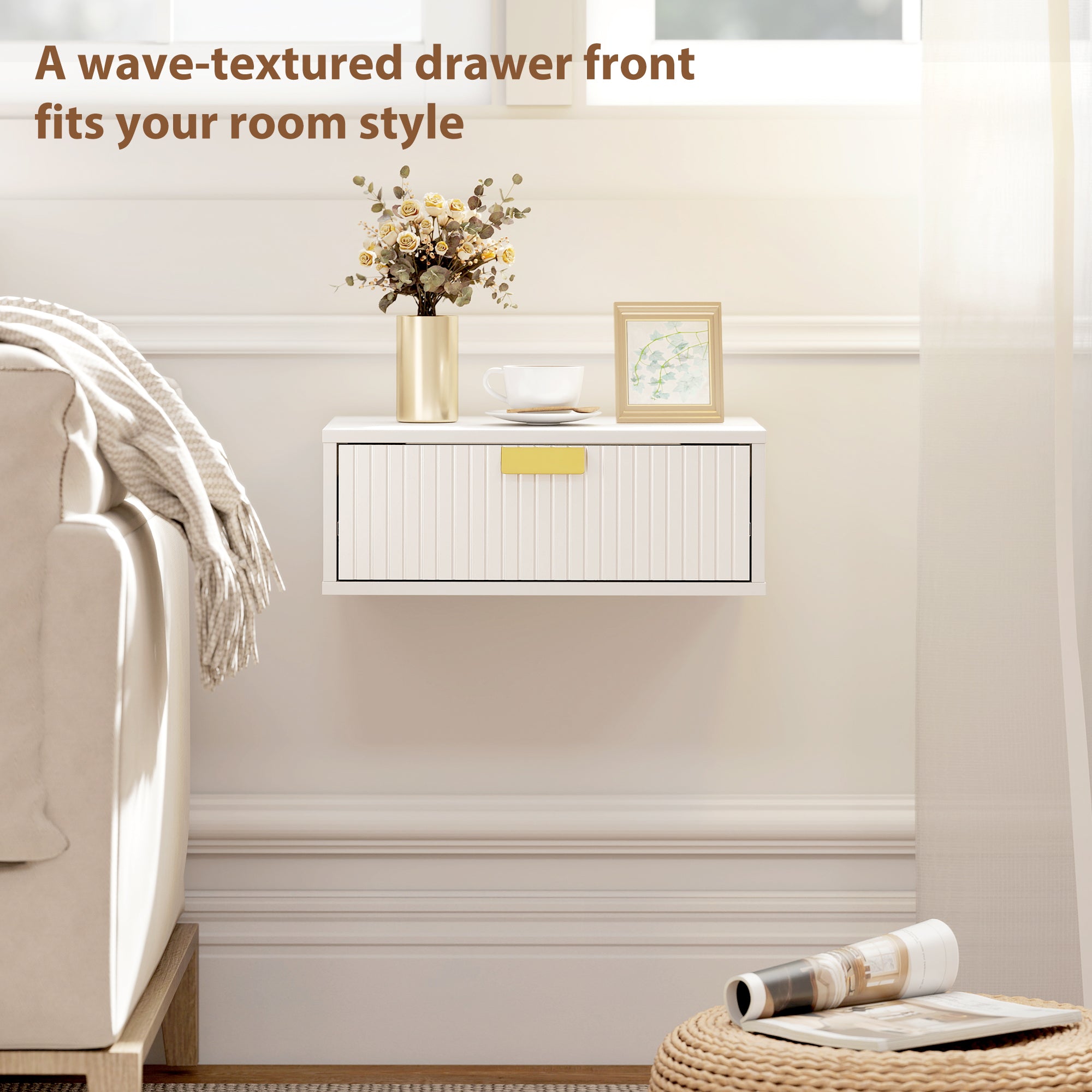 HOMCOM Modern Floating Nightstands Set of 2, Wall Mounted Bedside Tables with Wave Drawer White 