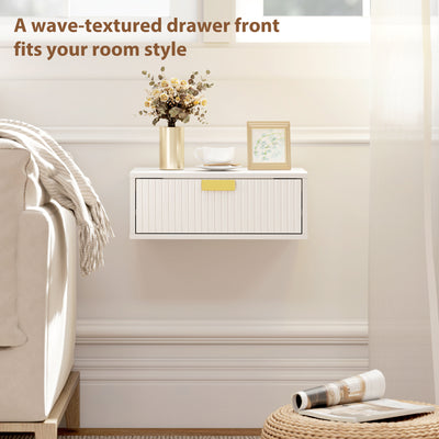 HOMCOM Modern Floating Nightstands Set of 2, Wall Mounted Bedside Tables with Wave Drawer White 