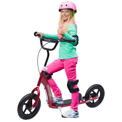 HOMCOM Kids Scooter Kick Scooter with 12" EVA Tyres, Rear Brake, Big Wheels Scooter for 5-12 Years Old, Red 