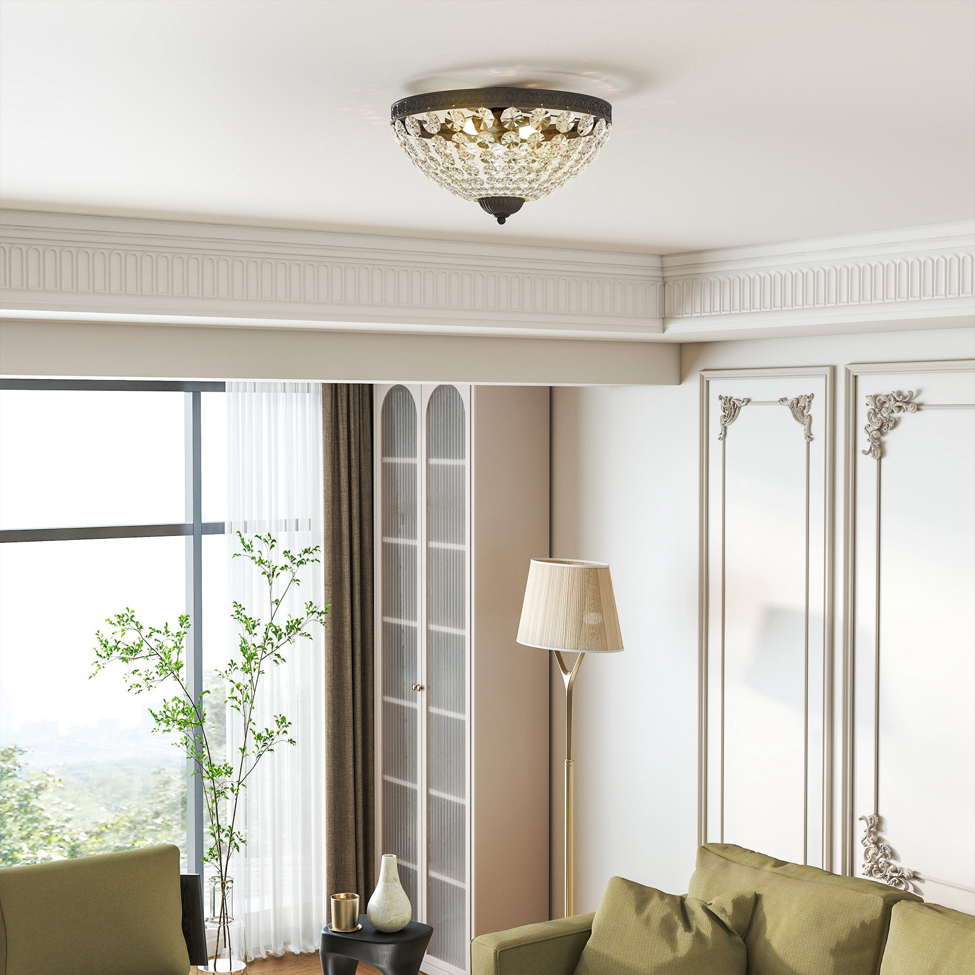 HOMCOM Crystal Chandelier Ceiling Light with 168 Octagonal Beads, Vintage 2-Light Flush Mount Ceiling Light for Living Room, Bedroom, Hallway, Dining Room, Black 
