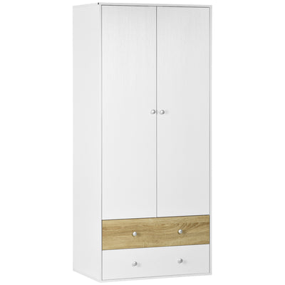 HOMCOM 2-Door Wardrobe with 2 Drawers, Hanging Rod and Anti-tipping Straps for Bedroom Clothes Storage Organisation, White 