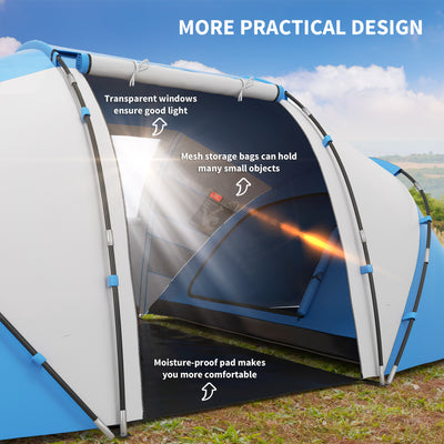 Outsunny 4-6 Man Camping Tent w/ Two Bedroom, Hiking Sun Shelter, UV Protection Tunnel Tent, Blue and White 