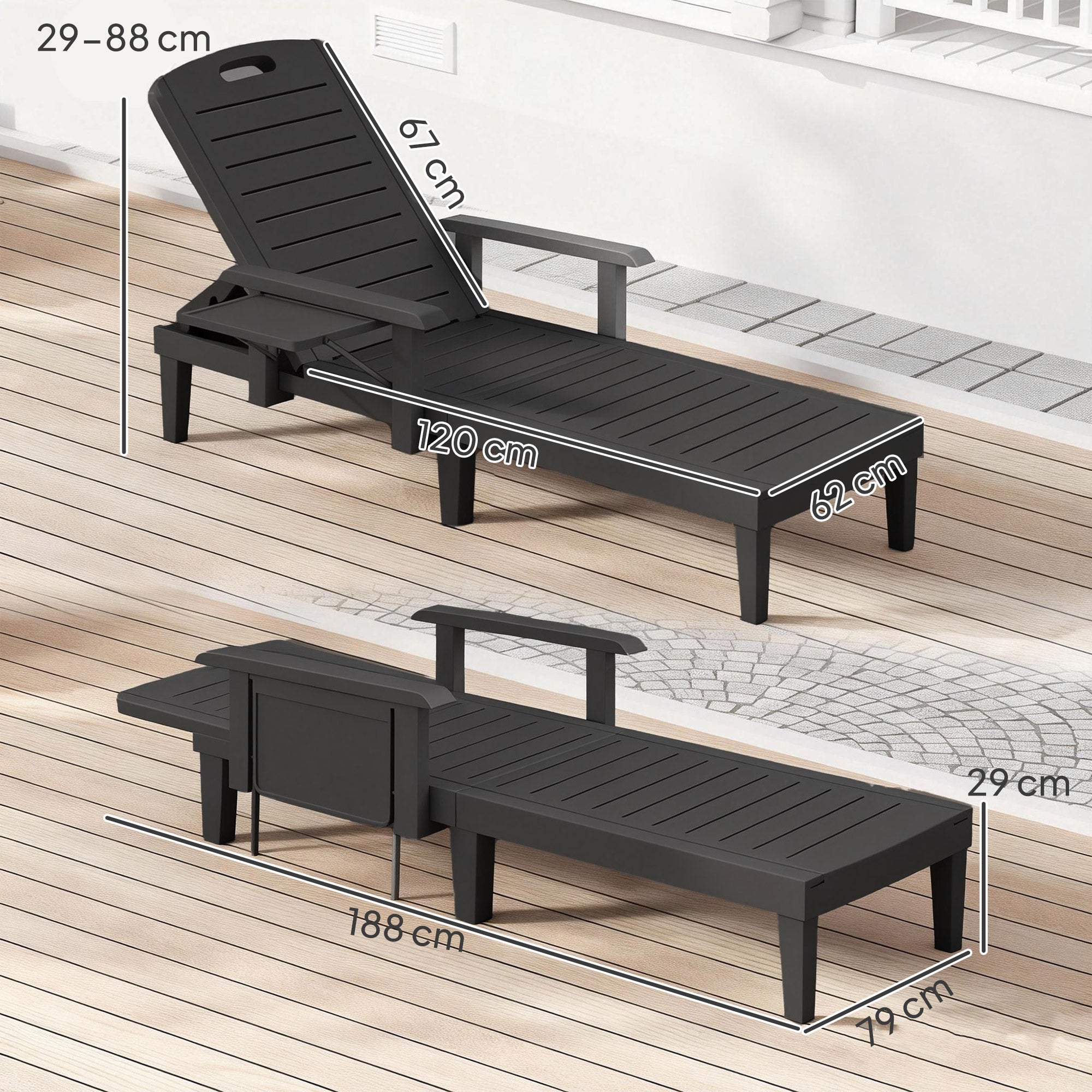 Outsunny Set of 2 Reclining Sun Loungers, 5 Positions Adjustable Outdoor Chaise Lounge Chair with Armrests, Black 