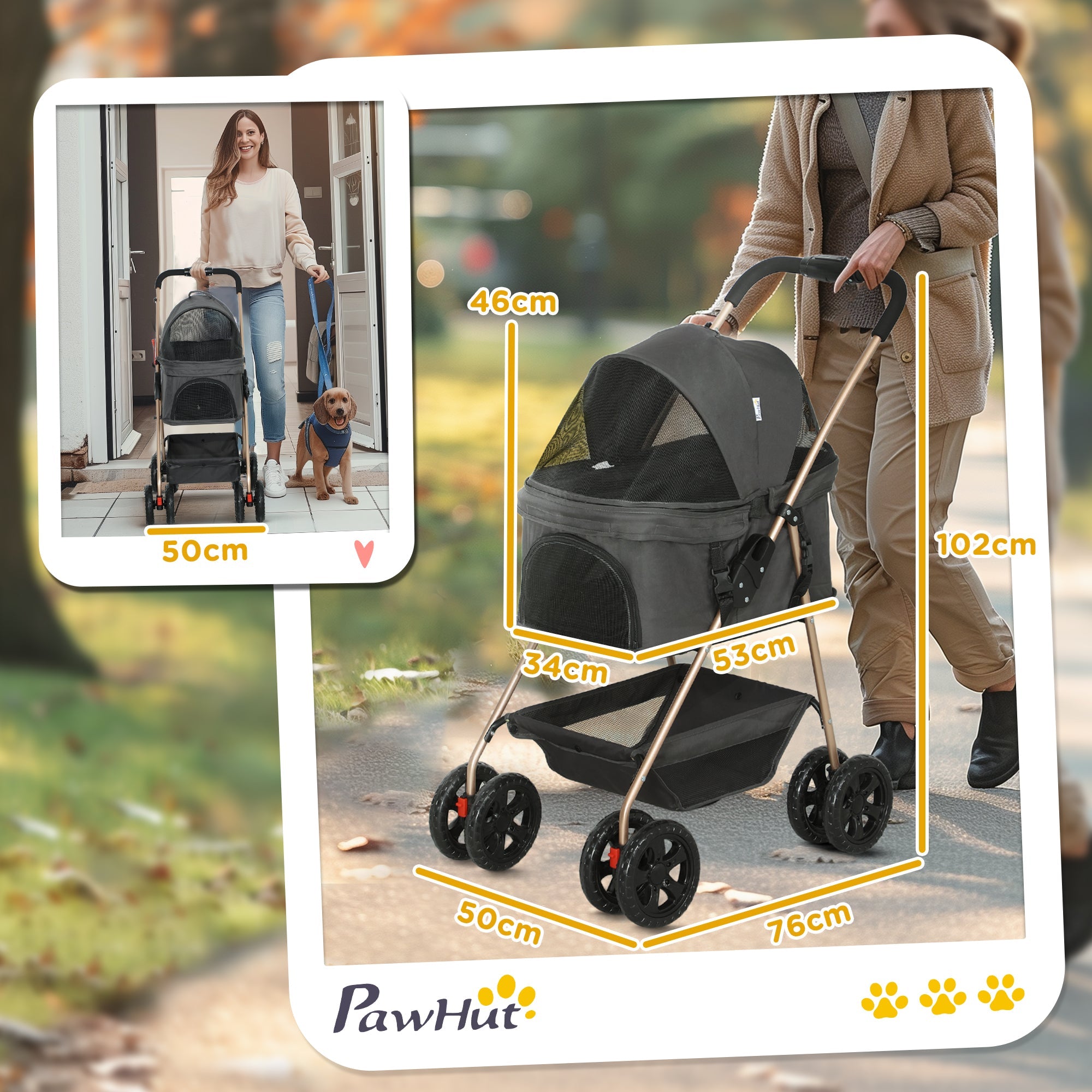 PawHut 3 in 1 Pet Stroller, Folding 4 Wheels Dog Pram with Detachable Carrier for Mini Dogs Cats, Grey 