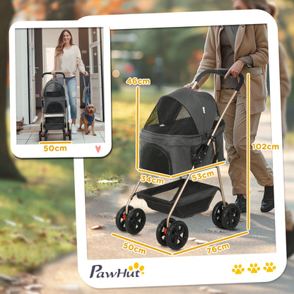 PawHut 3 in 1 Pet Stroller, Folding 4 Wheels Dog Pram with Detachable Carrier for Mini Dogs Cats, Grey 