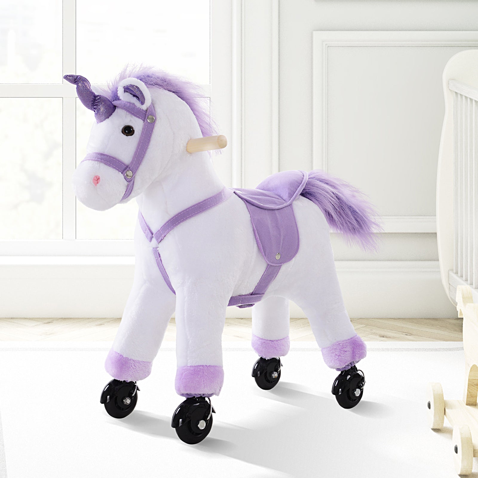 HOMCOM Kids Rocking Horse Plush Ride on Walking Unicorn Horse w/Realistic Sound  Ride On Rocker with Handlebar for Age 3+ Purple 