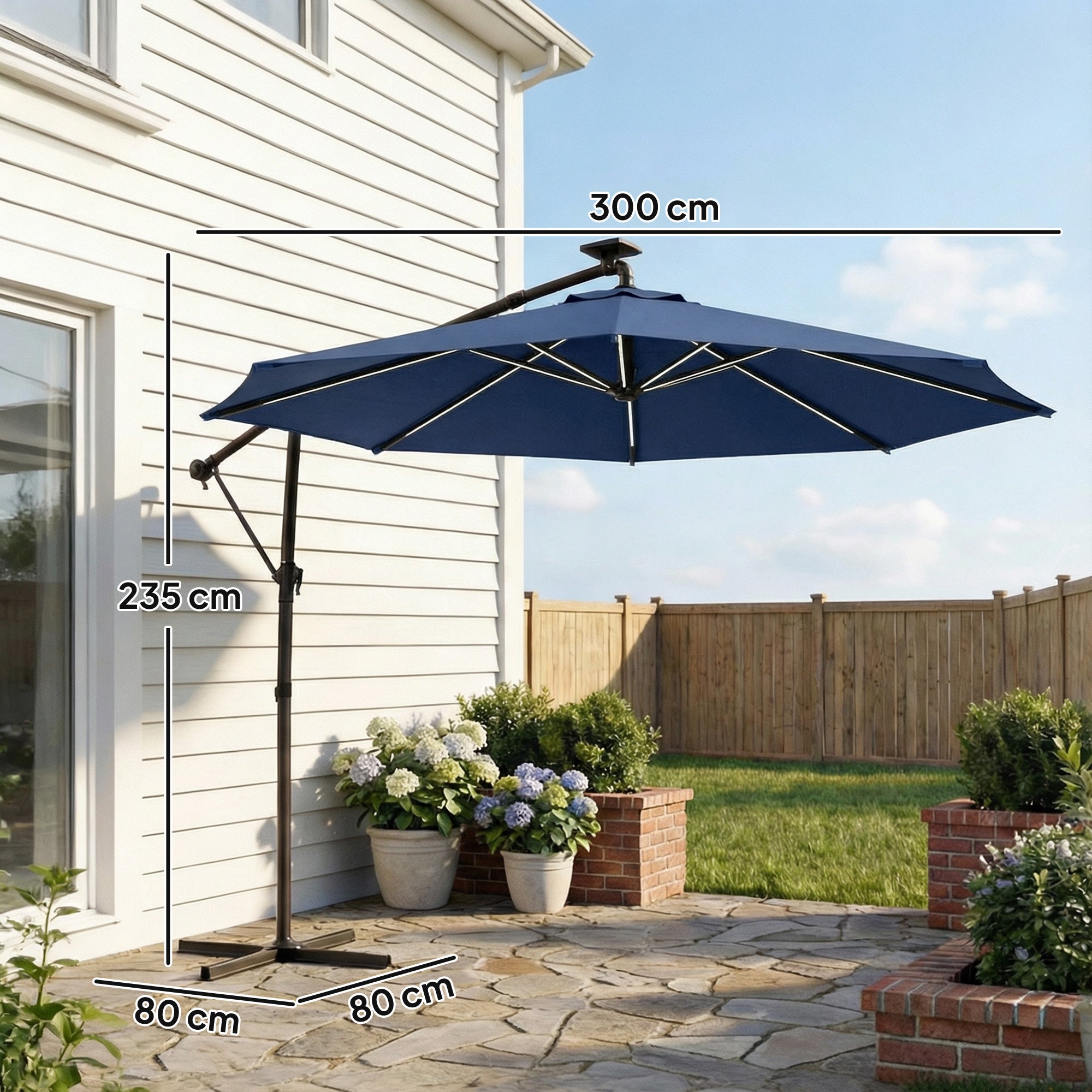 Outsunny 3 m Garden Cantilever Parasol with LED Solar Light, Round Overhanging Umbrella with 360° Rotation, Cover, Navy Blue 