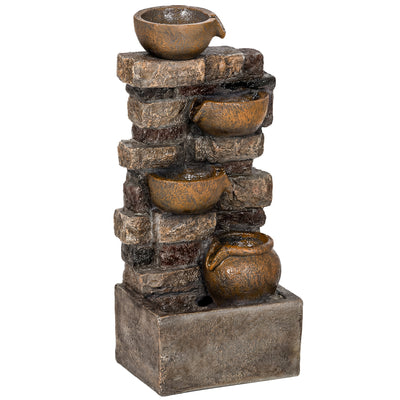 Outsunny 28" 5-Tier Outdoor Fountain, Cascading Waterfall Feature with LED Lights, Adjustable Flow, Rustic Brown 